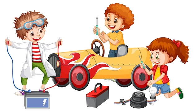 Vector gratuito niños reparando un auto juntos