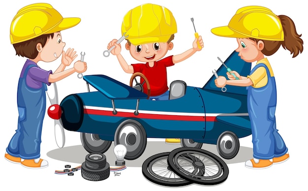 Niños reparando un avión juntos.