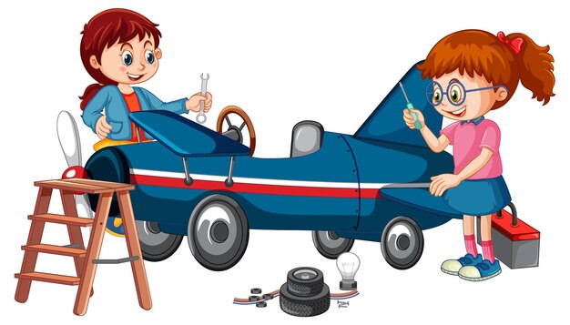 Niños reparando un avión juntos