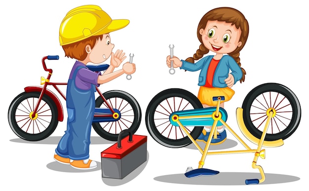 Vector gratuito niños reparando bicicleta juntos sobre fondo blanco.