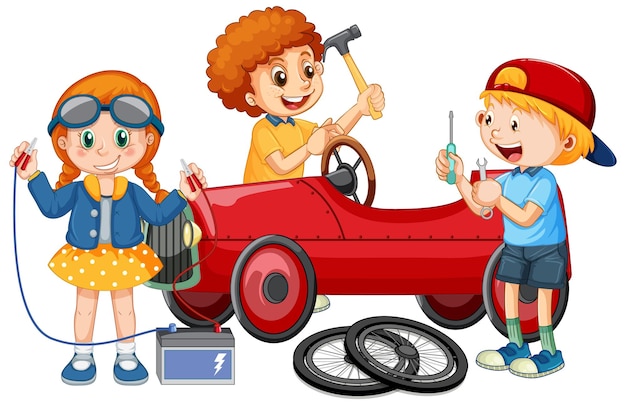 Vector gratuito niños reparando un coche juntos.