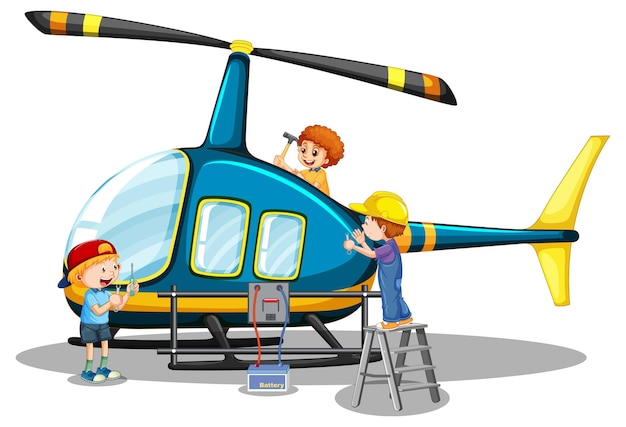 Niños reparando helicópteros juntos sobre fondo blanco.