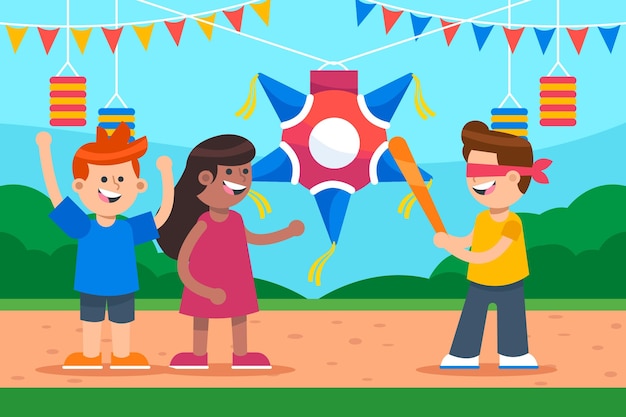 Vector gratuito niños rompiendo piñata mexico navidad