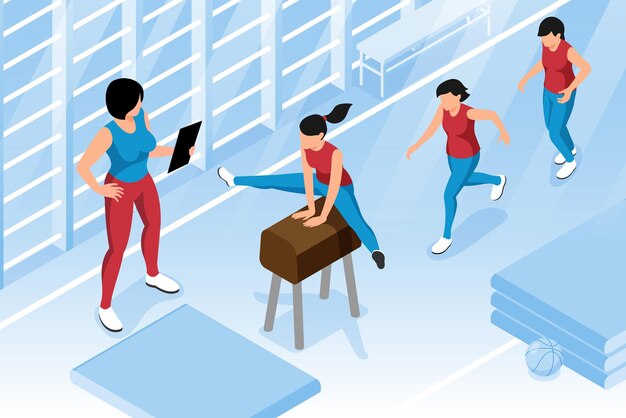 Los niños saltan sobre el dólar saltando en el gimnasio de la escuela en la lección de educación física con la ilustración vectorial isométrica 3d de la maestra