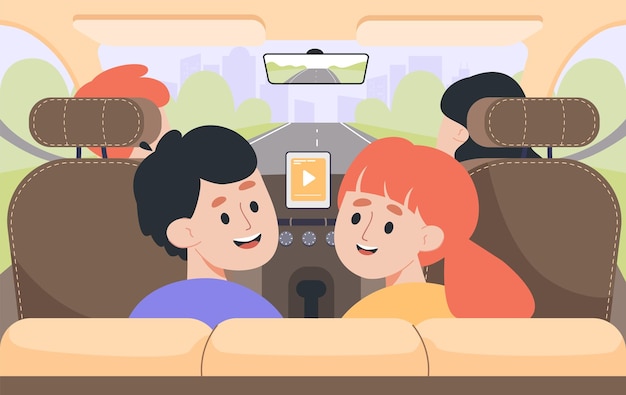 Niños sentados en los asientos traseros de la ilustración vectorial plana del coche. niño y niña yendo de viaje en auto o viaje con sus padres. familia pasando vacaciones juntos. viajes, concepto de viaje por carretera