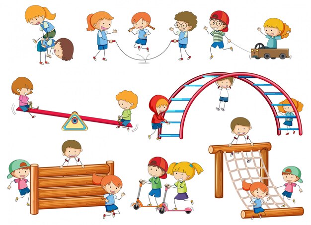 Niños simples garabatos jugando en el equipo de juego