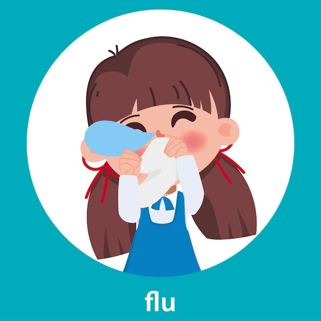 Niños síntomas de enfermedad niño de dibujos animados con fiebre moco tos y dolor de garganta influenza o resfriado