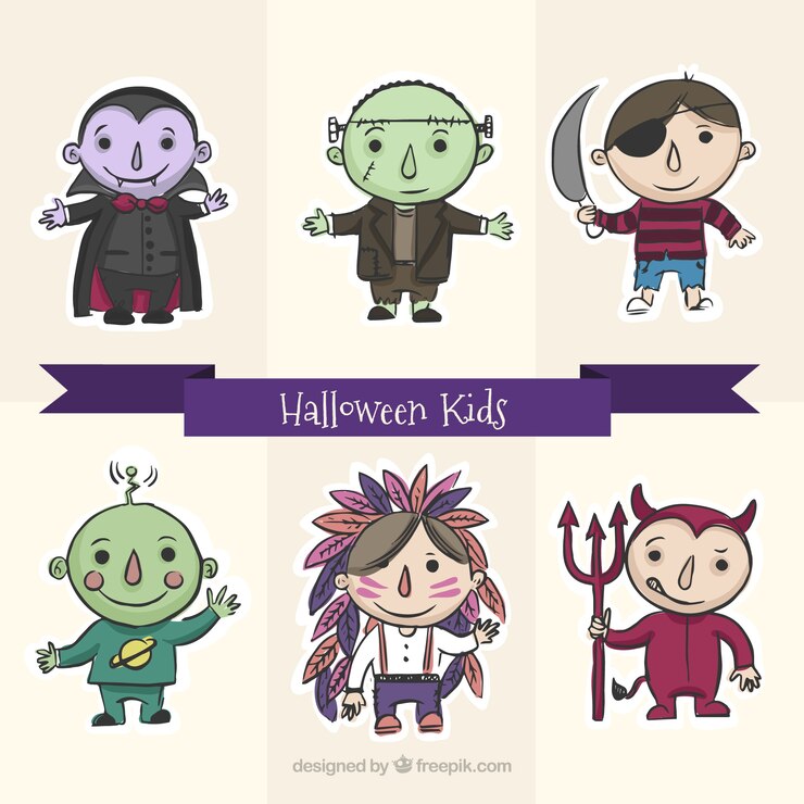 Vector gratuito niños sonrientes con trajes bonitos listos para halloween