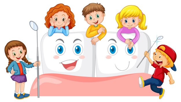 Niños sosteniendo espejo dental y abrazándose con diente grande en whi