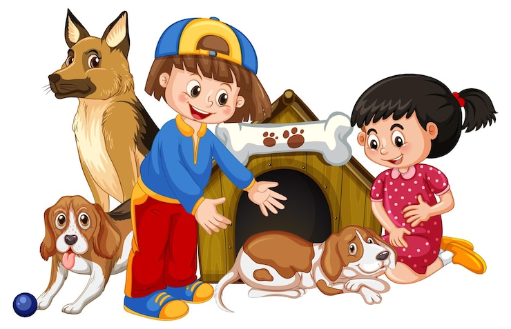 Vector gratuito niños con sus perros sobre fondo blanco.