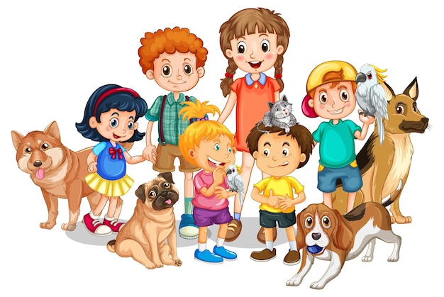 Niños con sus perros sobre fondo blanco.