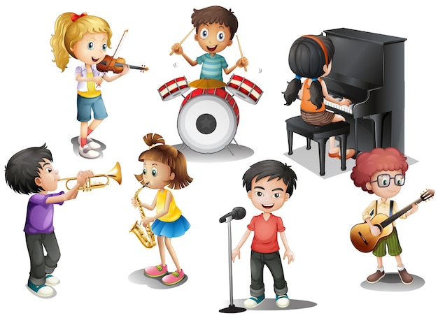 Vector gratuito niños tocando diferentes instrumentos.