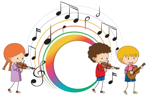 Niños tocando instrumentos musicales y notas musicales de banner colo