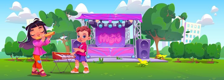 Vector gratuito niños tocando música en un festival en el parque de verano