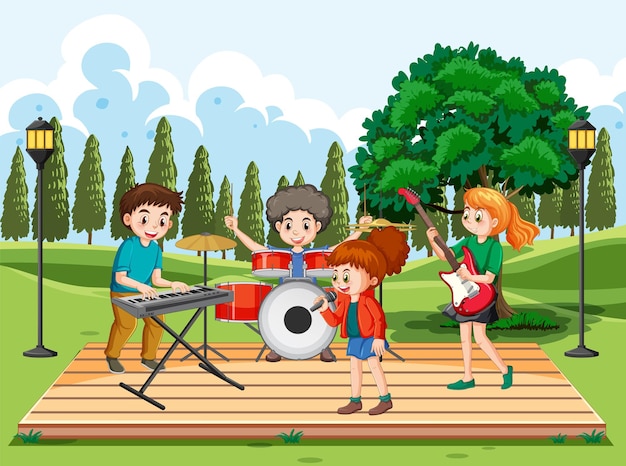 Vector gratuito niños tocando música en el parque