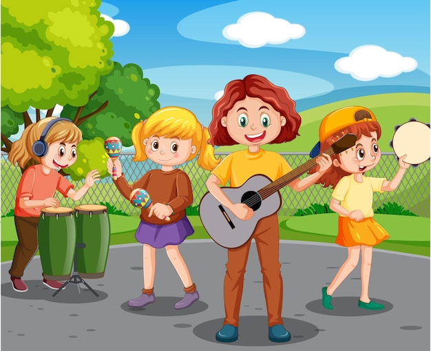 Vector gratuito niños tocando música en el parque