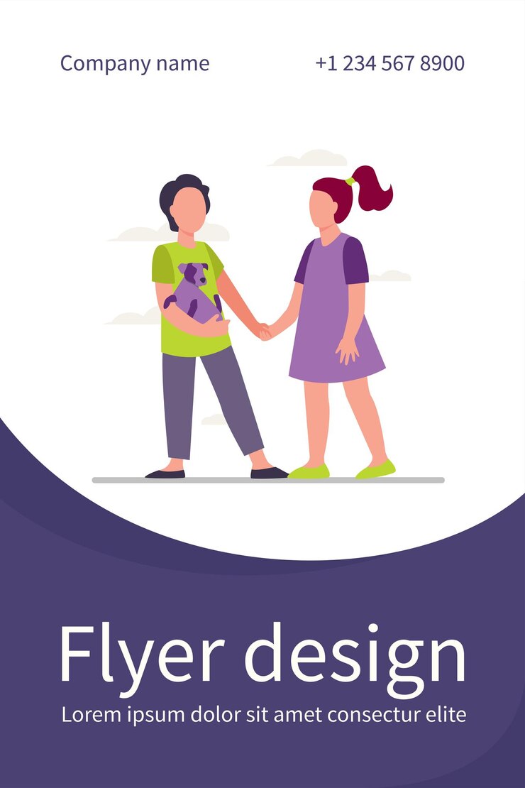 Vector gratuito niños tomados de la mano y caminando con cachorro. plantilla de volante plano para mascotas, amigos y niños