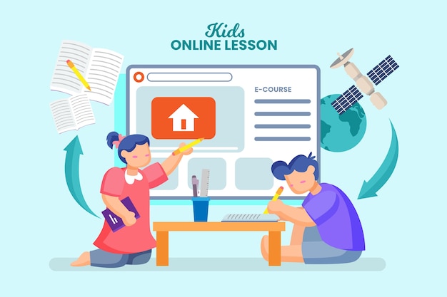 Vector gratuito niños tomando clases en línea