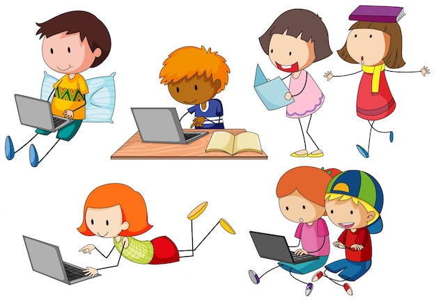 Niños trabajando en la computadora portátil