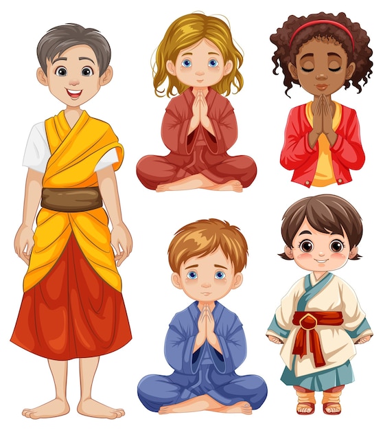 Vector gratuito niños con trajes tradicionales orando