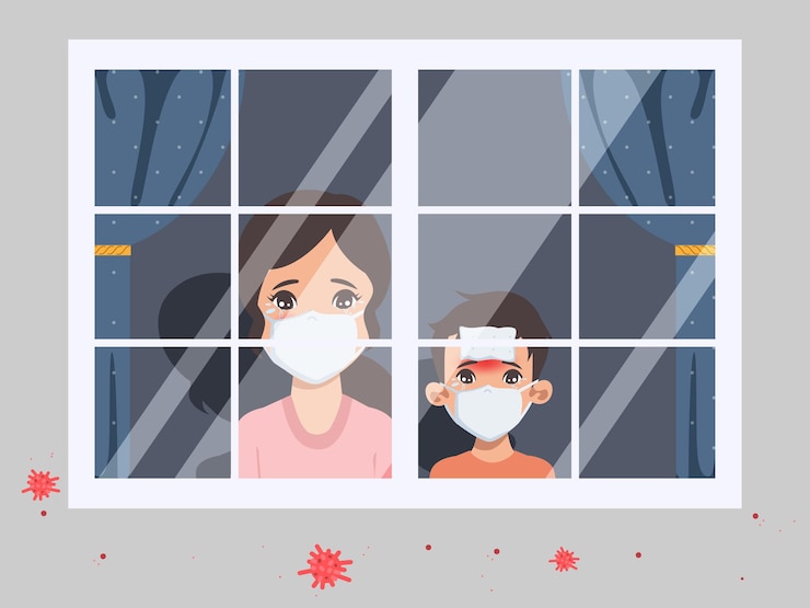 Vector gratuito los niños tratan el covid19 en el aislamiento domiciliario y el tratamiento de autocuidado