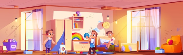 Vector gratuito niños traviesos jugando en una habitación desordenada.