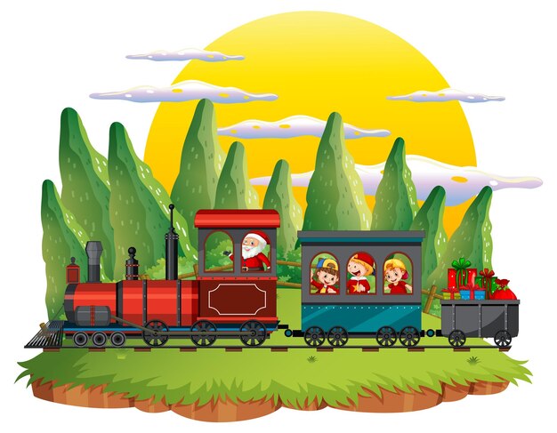 Niños en un tren con escenario natural.