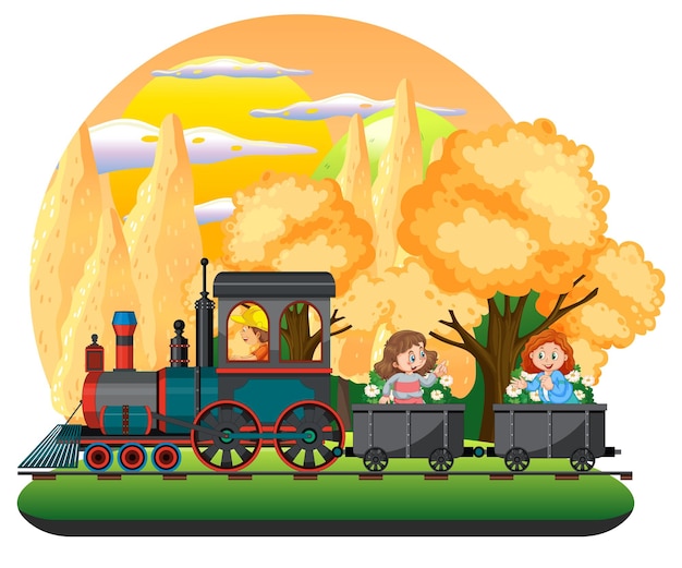 Niños en un tren con escenario natural.