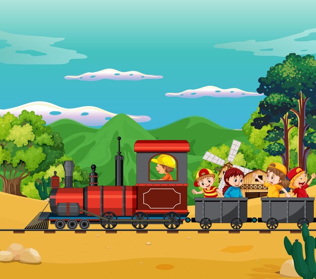 Niños en un tren con escenario natural.