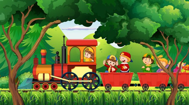 Niños en un tren con escenario natural.