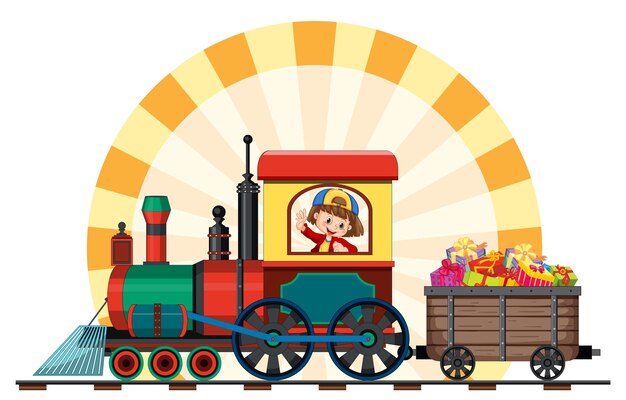 Niños en un tren con regalo.