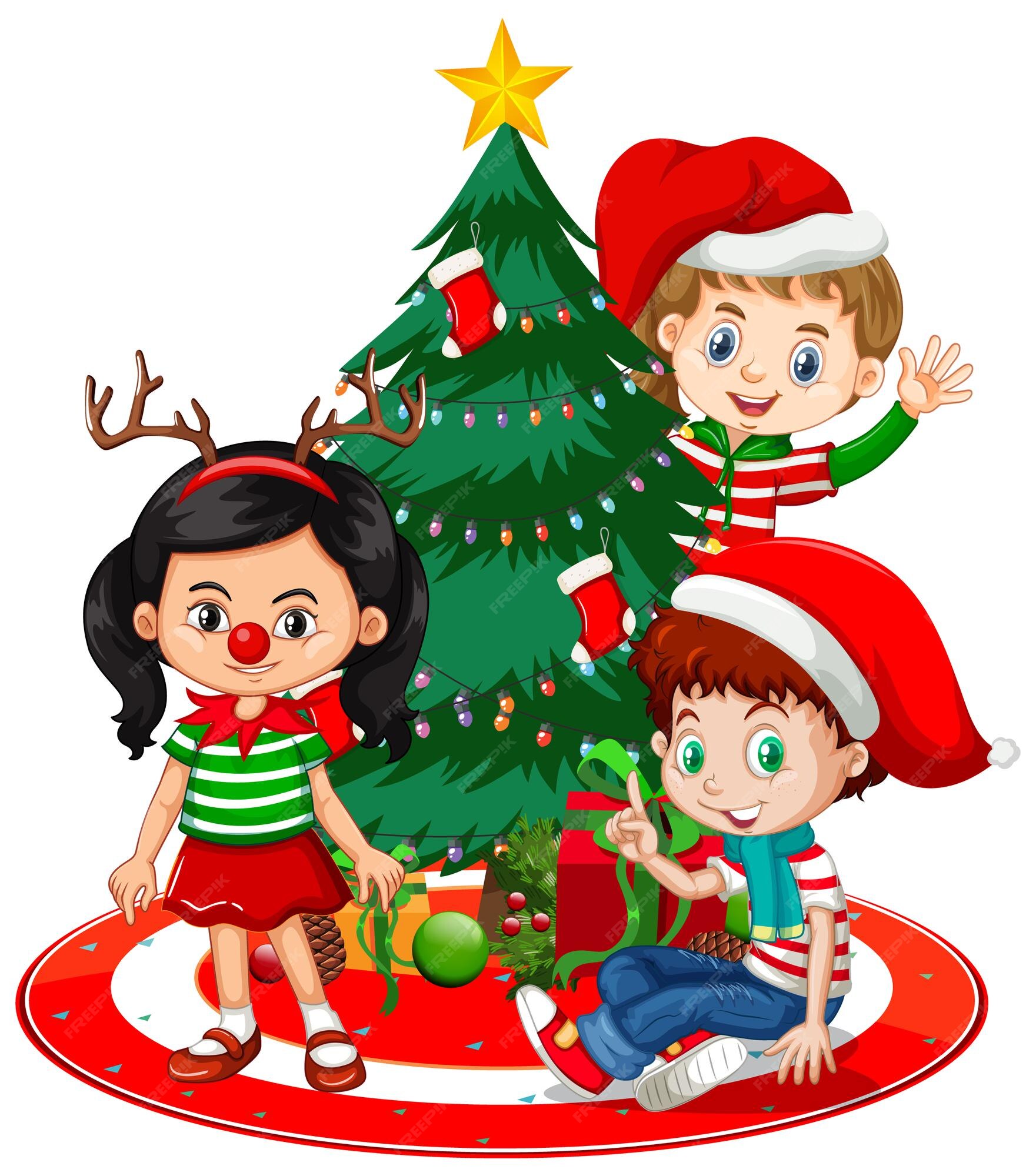 Los niños usan personaje de dibujos animados de disfraces de navidad con árbol de navidad sobre fondo blanco. | Vector Gratis Los niños usan personaje de dibujos animados de disfraces de navidad con árbol de navidad sobre fondo blanco. | Vector Gratis