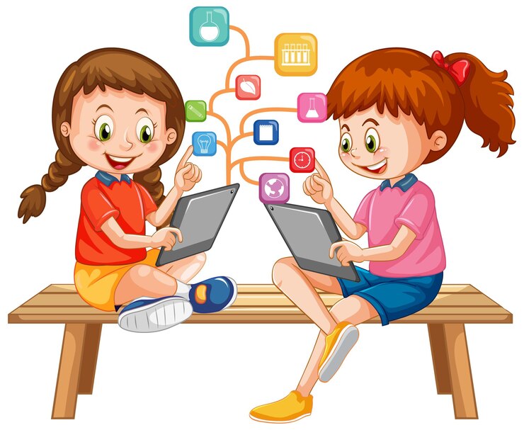 Vector gratuito niños usando tableta con iconos de educación