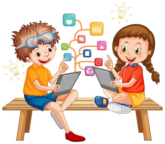 Niños usando tableta con iconos de educación