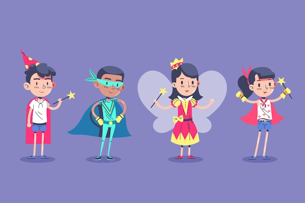 Vector gratuito niños vestidos con varios disfraces de carnaval y de pie.