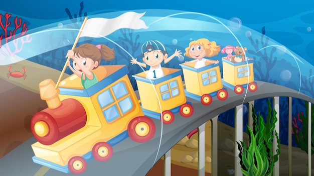 Niños viajando en tren en el túnel.