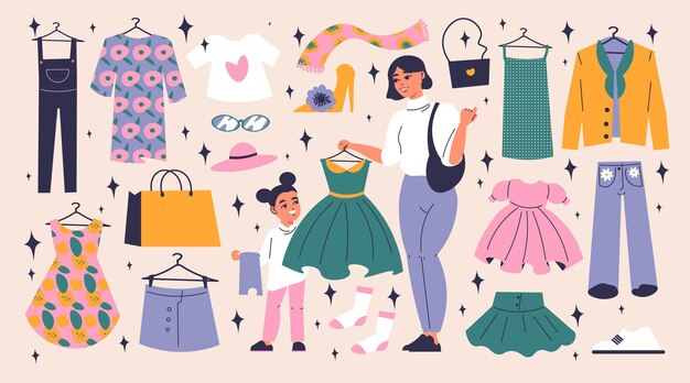 Los niños se visten con artículos planos con una niña pequeña y ropa elegante ilustración vectorial aislada