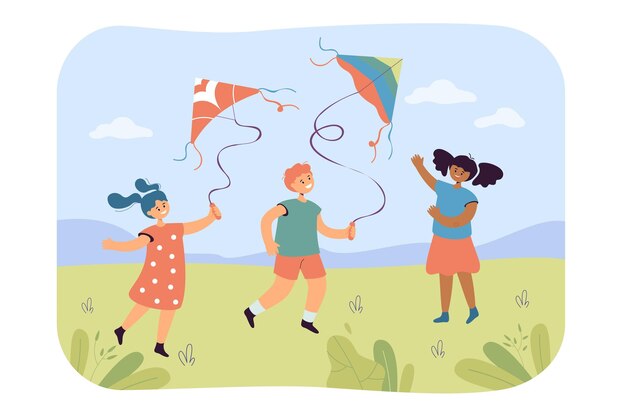 Niños volando cometa ilustración plana