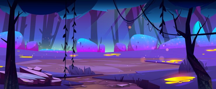 Vector gratuito noche bosque paisaje dibujos animados misteriosa fantasía