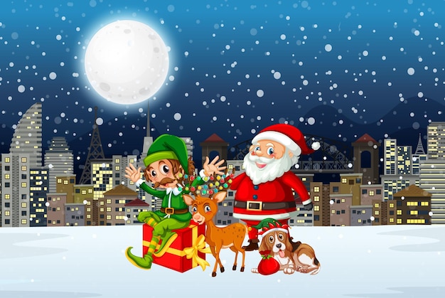 Noche de invierno cubierto de nieve con Santa Claus y duende