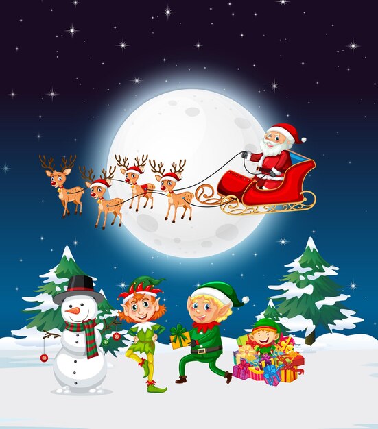 Noche de invierno cubierto de nieve con Santa Claus en trineo