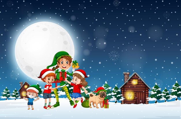 Noche de invierno nevada con duende navideño y niños.