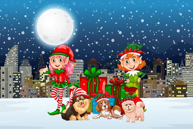 Noche de invierno nevada con duende navideño y perros.