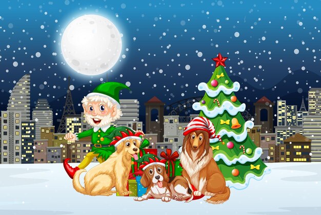 Noche de invierno nevada con duende navideño y perros.