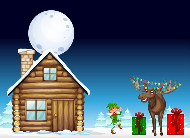 Noche de invierno nevada con duendes navideños y una casa.