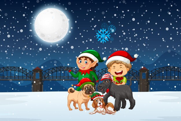 Noche de invierno nevada con duendes navideños y perros.