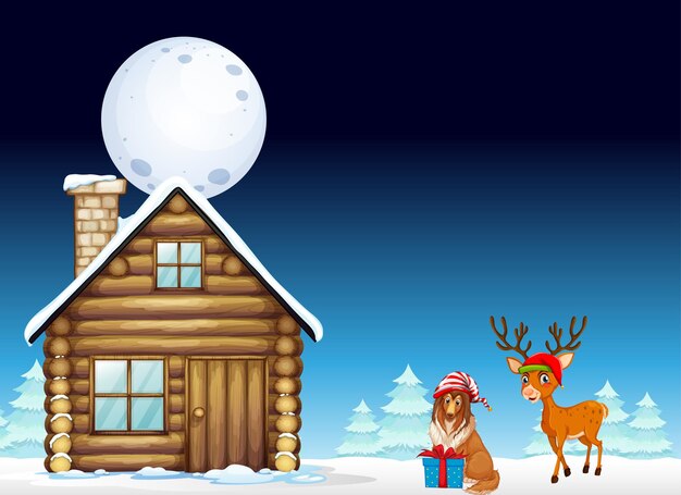 Noche de invierno nevada con renos y perros parados junto a una casa