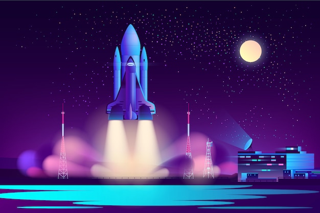 Noche de lanzadera espacial lanzando vector de dibujos animados