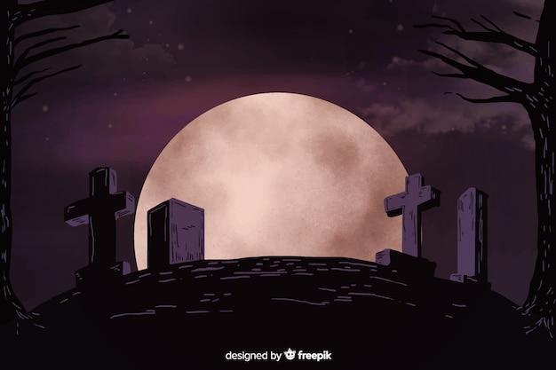 Vector gratuito noche de luna llena en un fondo de la colina del cementerio
