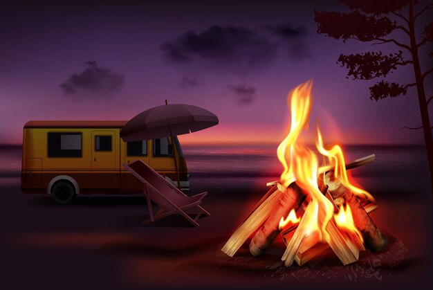 Durante la noche en la naturaleza ilustración realista de fogata ardiente